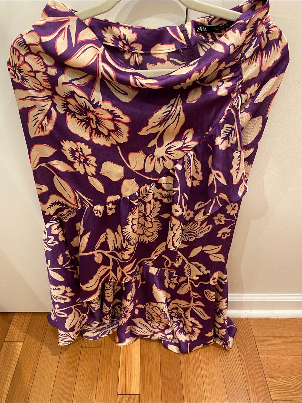 Zara Purple and Cream Floral High-Low Skirt